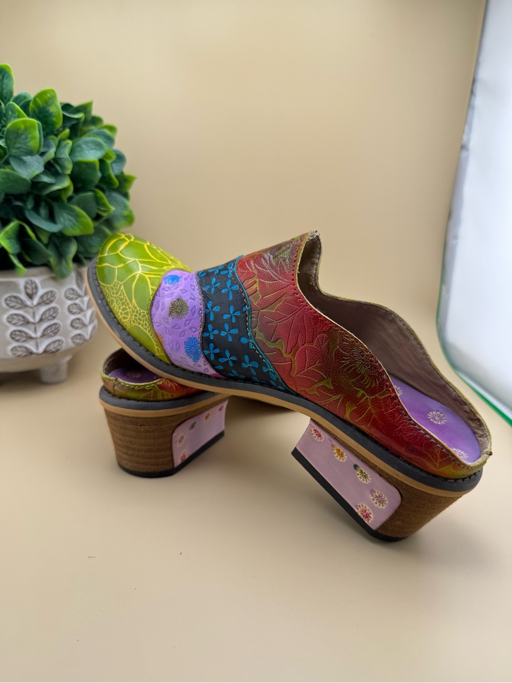 Floral Women Genuine Leather Color Block Boho Mule Size 39 8.5